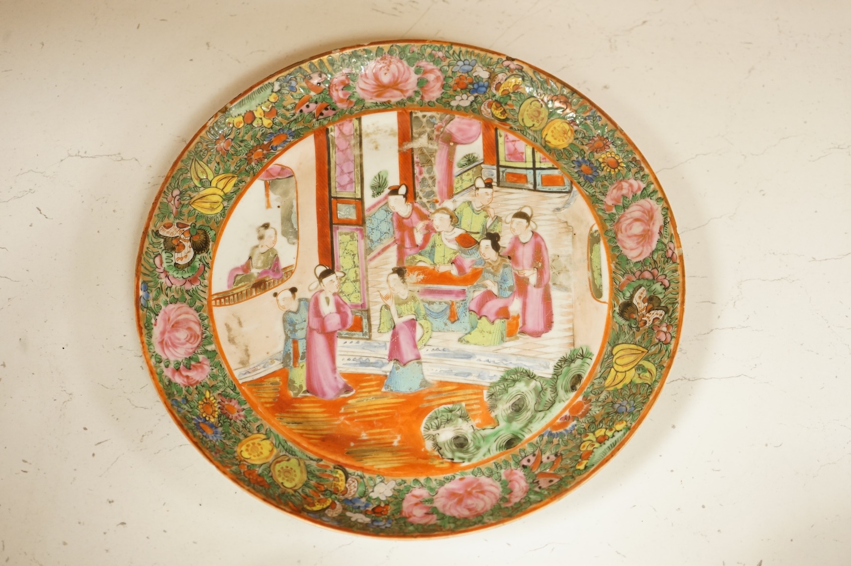 Two 19th century Chinese famille rose plates, largest 26cm